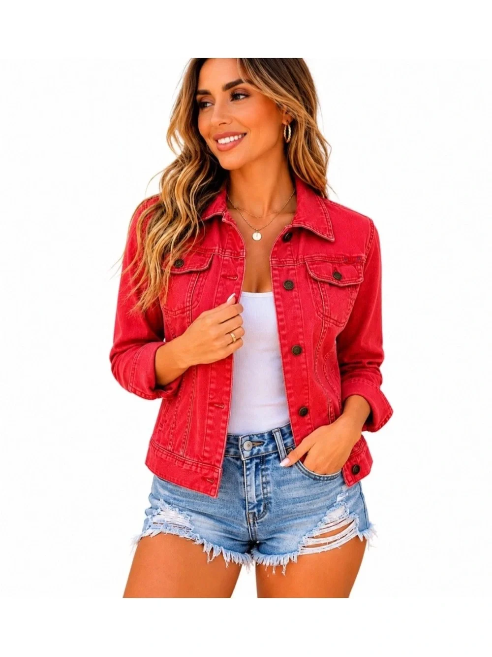 Lauren Ralph Lauren Red Denim Jacket Women’s Medium Stretch Cotton Trucker Jean - Picture 1 of 12